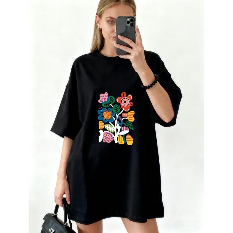 Übergroßes T-Shirt-Kleid Schwarz Bunter Blumenstickerei-Print Freizeitkleidung für Damen