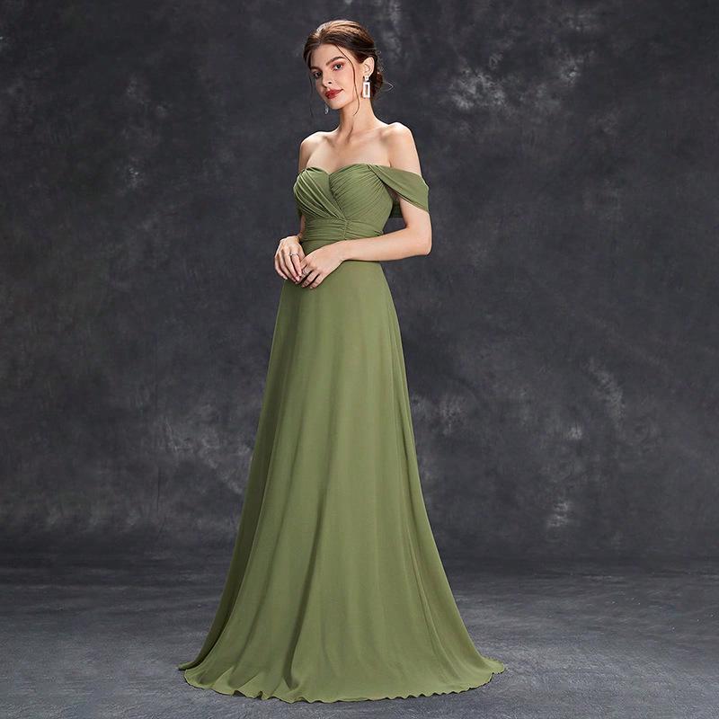 Green Chiffon Off-the-Shoulder Evening Dress: Elegant, Luxurious, and Perfect for Banquets and Social Events