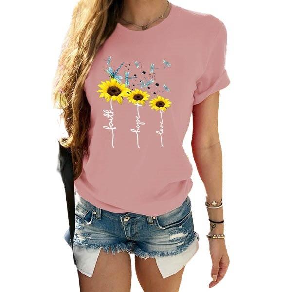 Hope Faith Love Sunflower 3D Printed Women's Short Sleeve Round Neck Summer T-shirt
