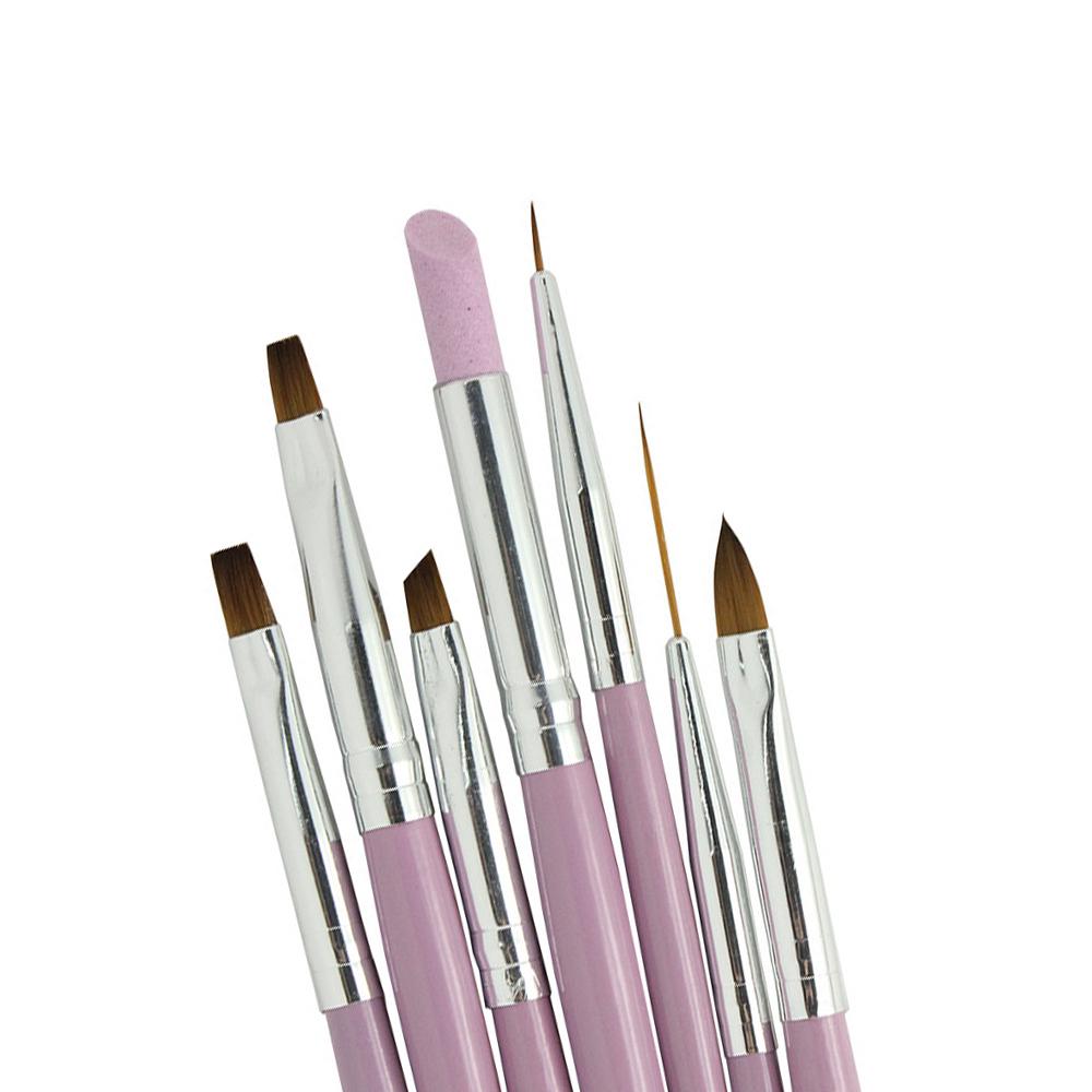 7Pcs Nail Brush Set Pink Handle Liner UV Gel Acrylic Painting Cuticle Remove Nail Painting Tool
