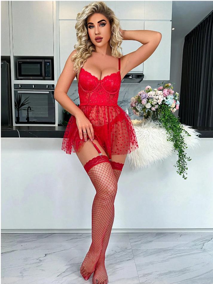 New European and American sex underwear lace perspective polka dot suspender nightdress large size mesh sexy sleep