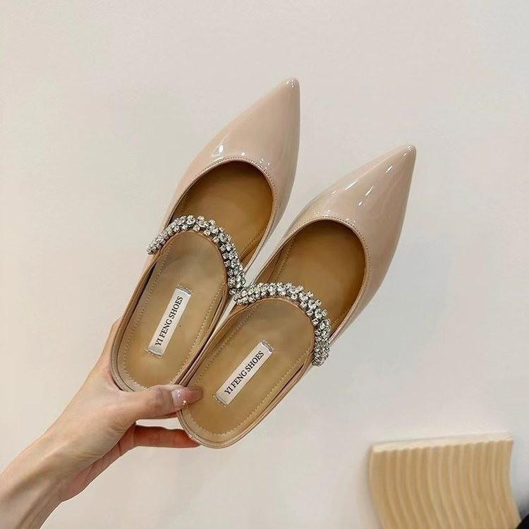 5CM inner height increase flat-bottomed rhinestone bag head half slippers female summer wear pointed toe nude fairy wind sandals muller shoes
