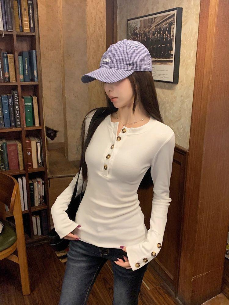 Women's Korean Style Henry Collar Button Long Sleeve Slim Fit T-shirt - Autumn/Winter Waist Cinched Sweet Spicy Girl Top