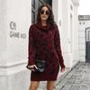 Women Casual Leopard Print Knit Sweater Dress Spring Fall Loose Waist Straight Collar Full Sleeve Above Knee Mini S-L