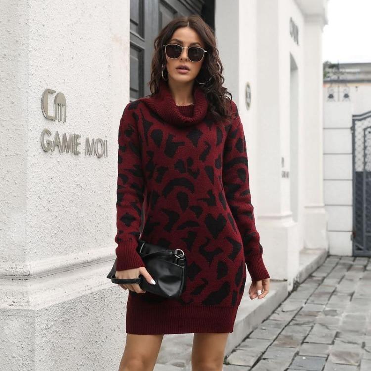 Women Casual Leopard Print Knit Sweater Dress Spring Fall Loose Waist Straight Collar Full Sleeve Above Knee Mini S-L