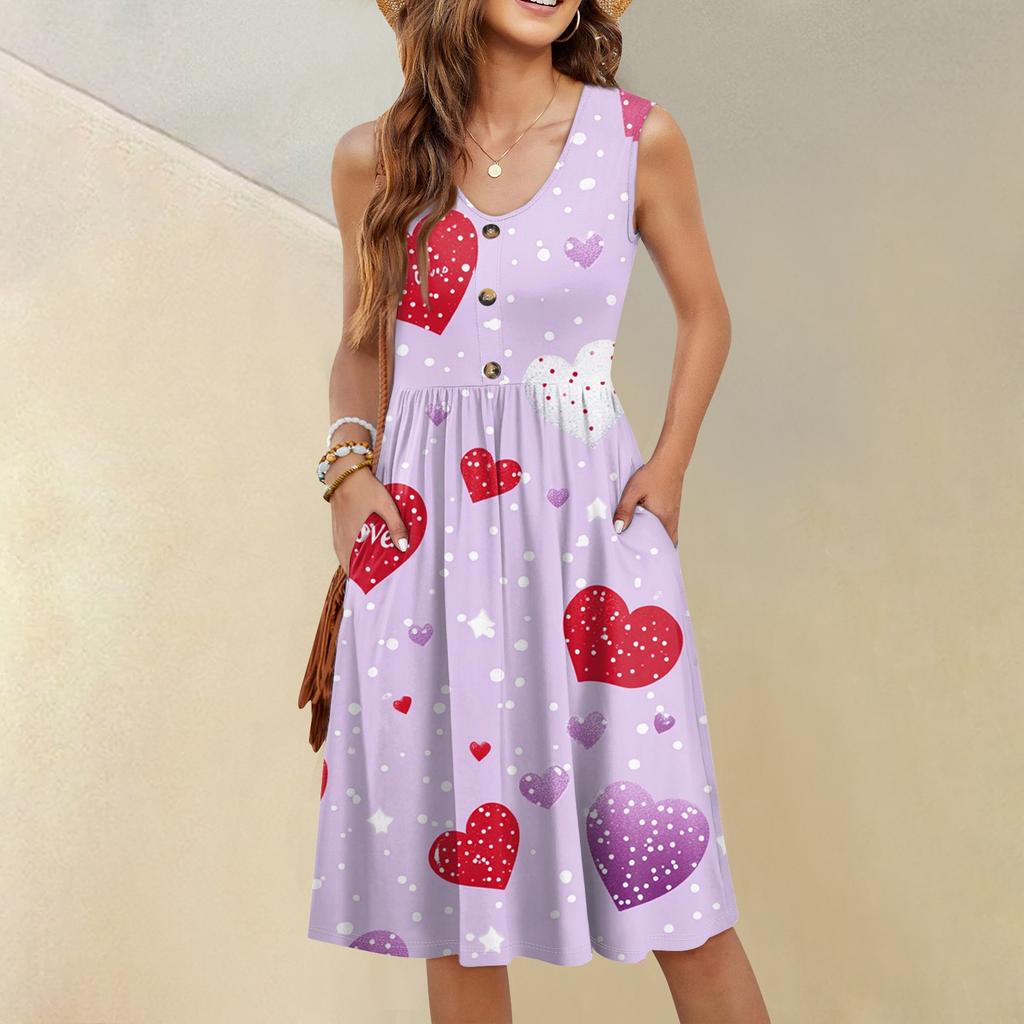 Women's Casual Fashion Sexy V-Neck Button Decoration Sleeveless Valentine's Day Tunic Dress