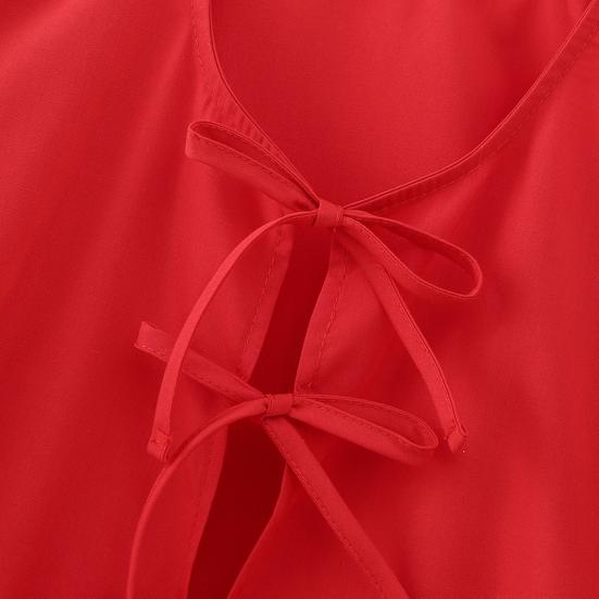 Women Summer Casual Cropped Tops O-neck Puff Short Sleeve Pullover Tops Ruffle Hem Back Lace-up Solid Color Thin Tees