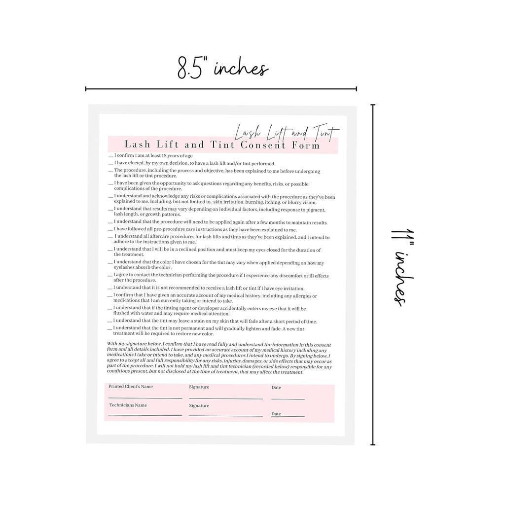 Lash Lift & Tint Consent Form, Intake Form, Aftercare Form | 75 Pack | 8.5x11" inch Paper Size Form | 25 Consent Forms, 25 Client Intake Forms, 25