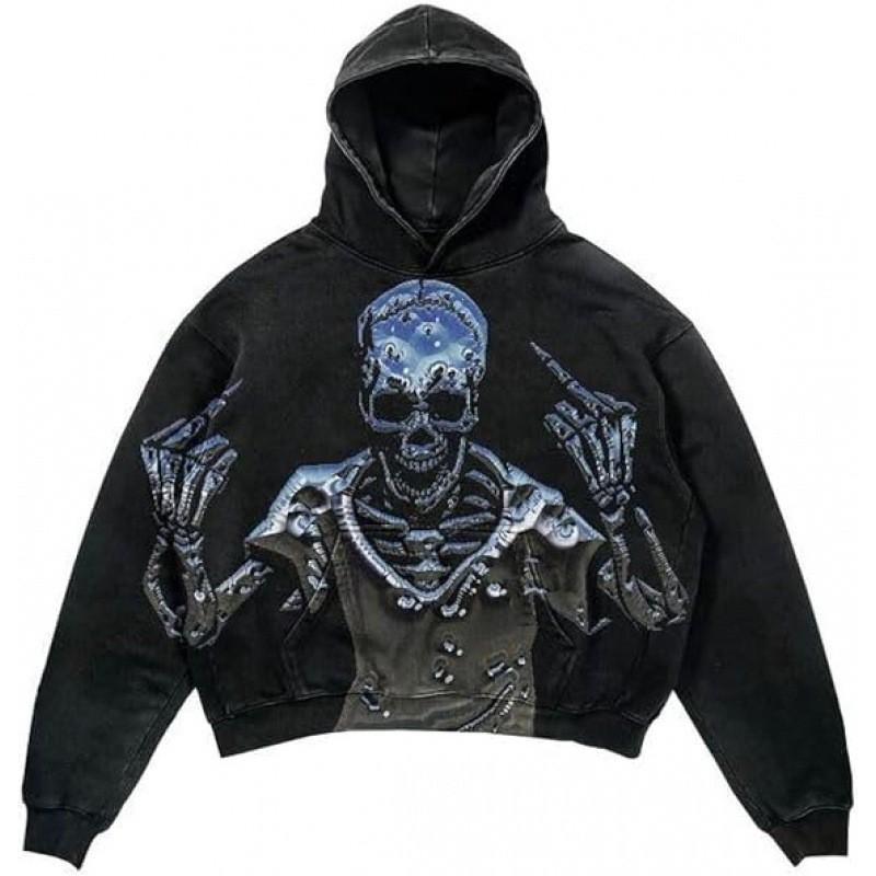 Amerikan Punk Kurukafa 3D Baskılı Kısa Kapüşonlu Sweatshirt Bol Kesim Erkek Kadın Sokak Giyimi