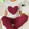 Women's Autumn Sweet Love Pajama Set: Round Neck, Short Sleeve & Trousers - Comfy 2-Piece Homewear
