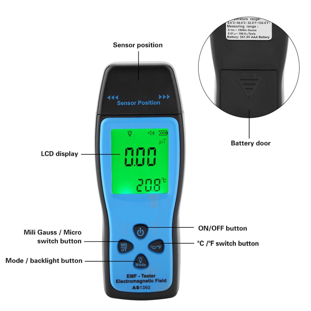 SMART SENSOR AS1392 Digital Electromagnetic Radiometer Mini LCD Display EMF Tester