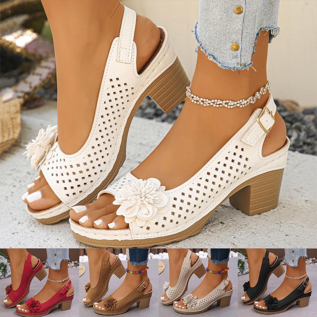 Sandálias de Flor de Verão Femininas Boca de Peixe Salto Alto Grosso Moda Casual Costura de Flores Sandália Confortável para Mulheres