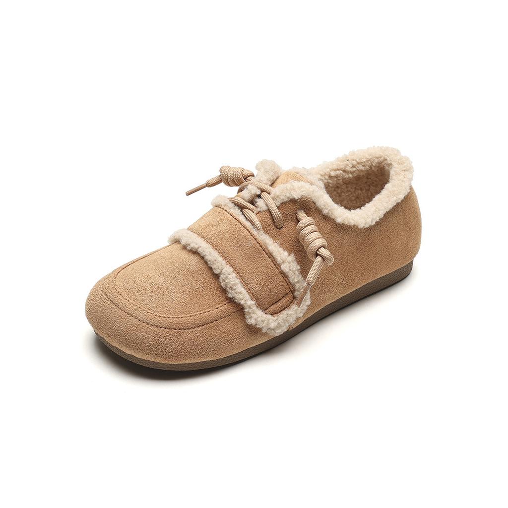 Retro color matching fleece shoes flat bottom fluffy single shoes women wear autumn and winter
