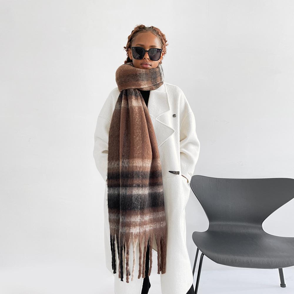 Classic Striped Plaid Seahorse Hair Scarf Women's Winter Warm Advanced Sense Rubbing Beard Long Fringed Scarf