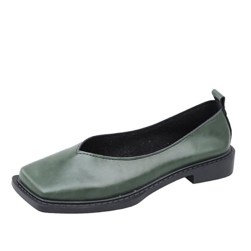 2025 Flat Shoes Women Square Toe Simple Shallow Mouth Temperament Leather Spring Square Head Fashion Single Shoes