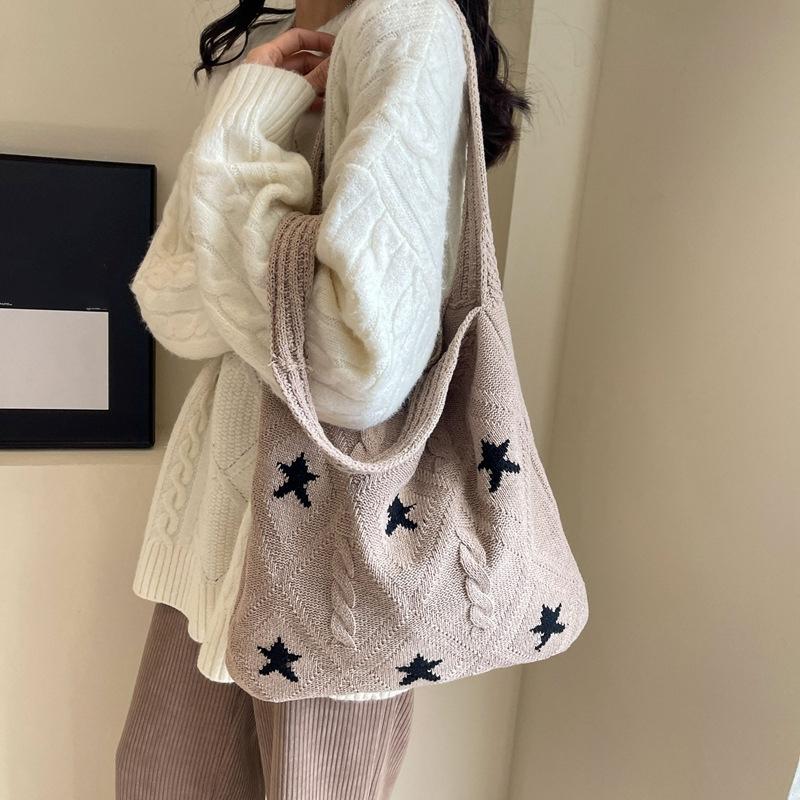 Star Knit Women's Bag New Knitted Eco Shopper Bag Crochet Rope Shoulder Bag Female Knitting Handbag Vintage Tote Bag AVE