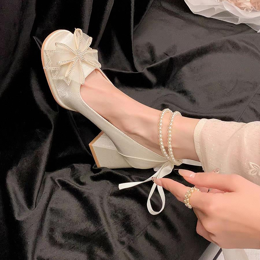 Fashion Bow Block Heel Single Shoes Autumn New Square Toe Shallow Mouth Beaded One Strap Anti-Slip Wear-Resistant High Heels