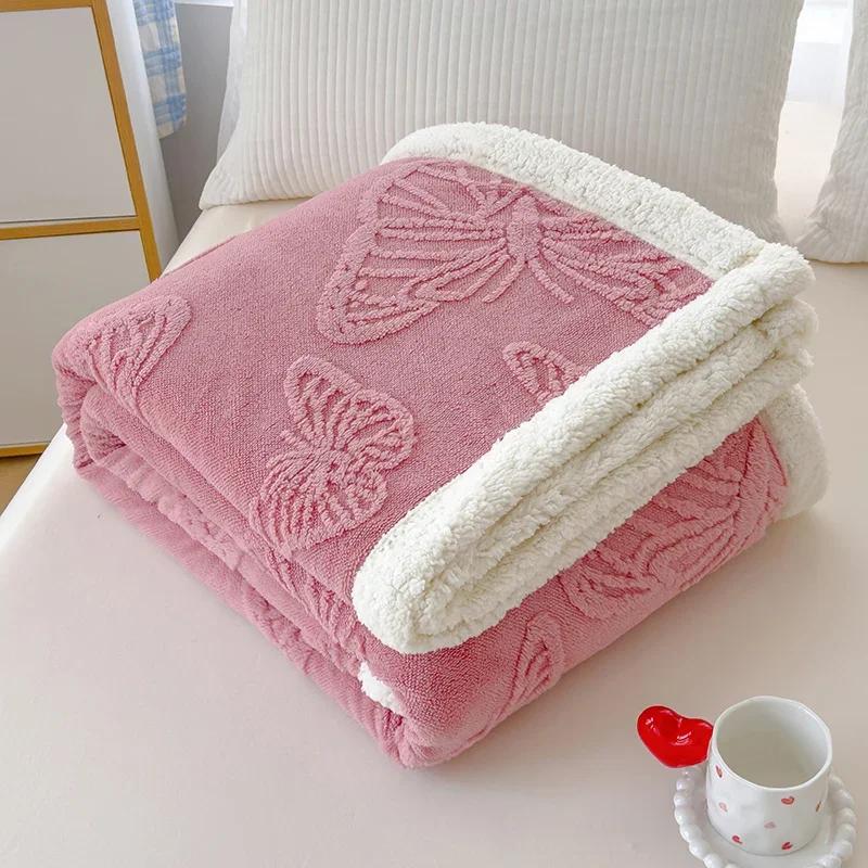 JSoft Warm Coral Fleece Blanket Pink Butterfly Jacquard Winter Thermal Sofa Throw Thick Bed Blanket Nap Knee Small Quilts