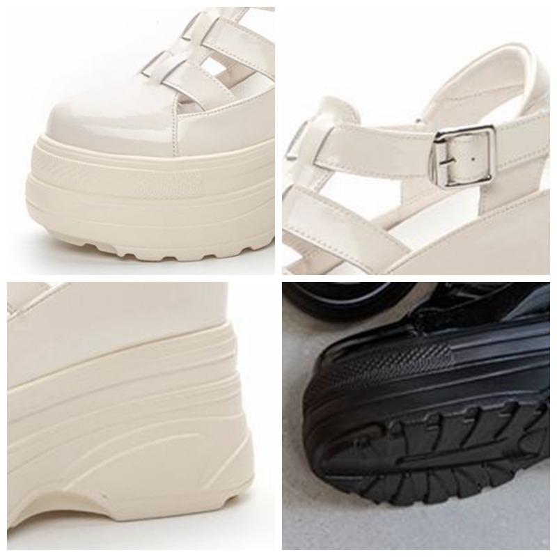 Fujin 11cm 2024 Patent Genuine Leather Casual Breathable Buckle Platform Chunky Heels Pumps Summer Ankle Boots Mary Jane Shoes