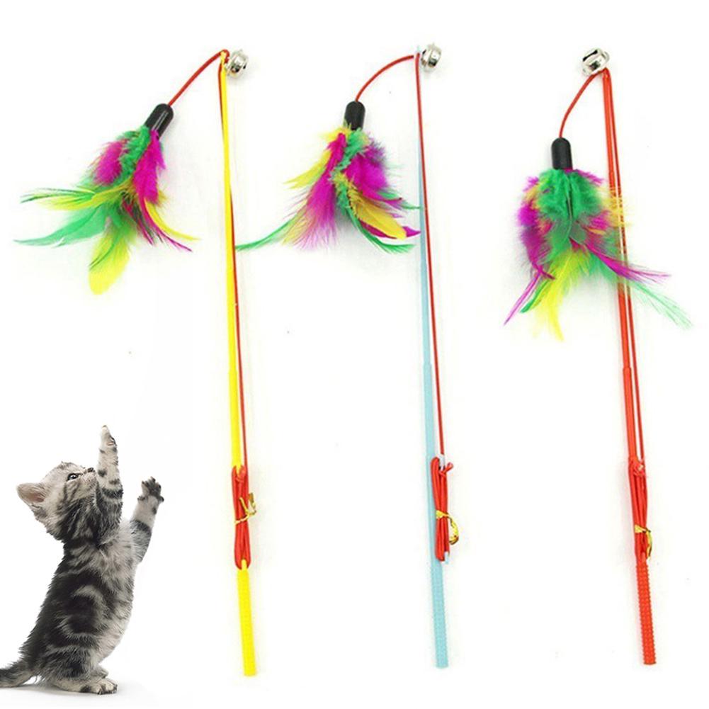 Puntos Pet Cat Puppy Teaser Bell Feather Retractable Stick Rod Funny Interactive Toy