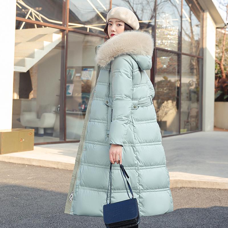 Winter Women's Long Cotton Jacket with Fur Collar and Belted Waist