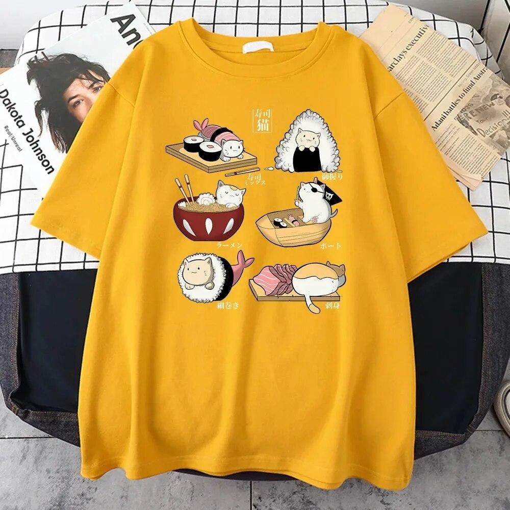 Unisex Summer Cotton Short-sleeved Gourmet Cute Cat Sushi Cartoon Style Harajuku Casual Full Math Oversized Fashion T-shirt