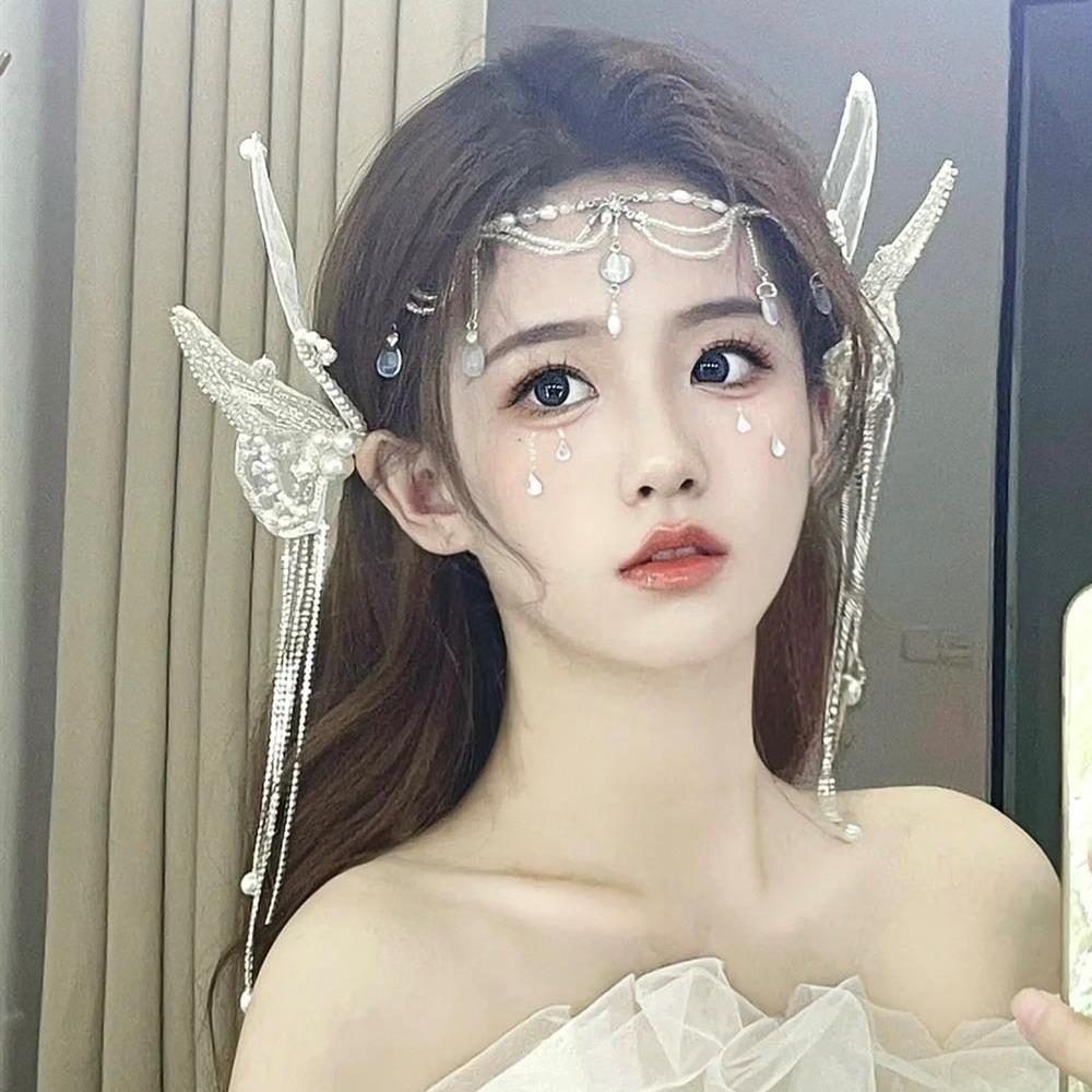 2pcs Handmade Beaded Butterfly Tassel Hair Clip Bridal Wedding Dress Banquet Makeup Headband Hair Accessories Hairband Decor