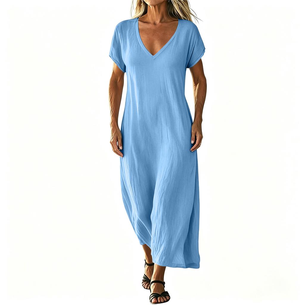 Rochie lungă colorată de damă, cu decolteu în V, lejeră