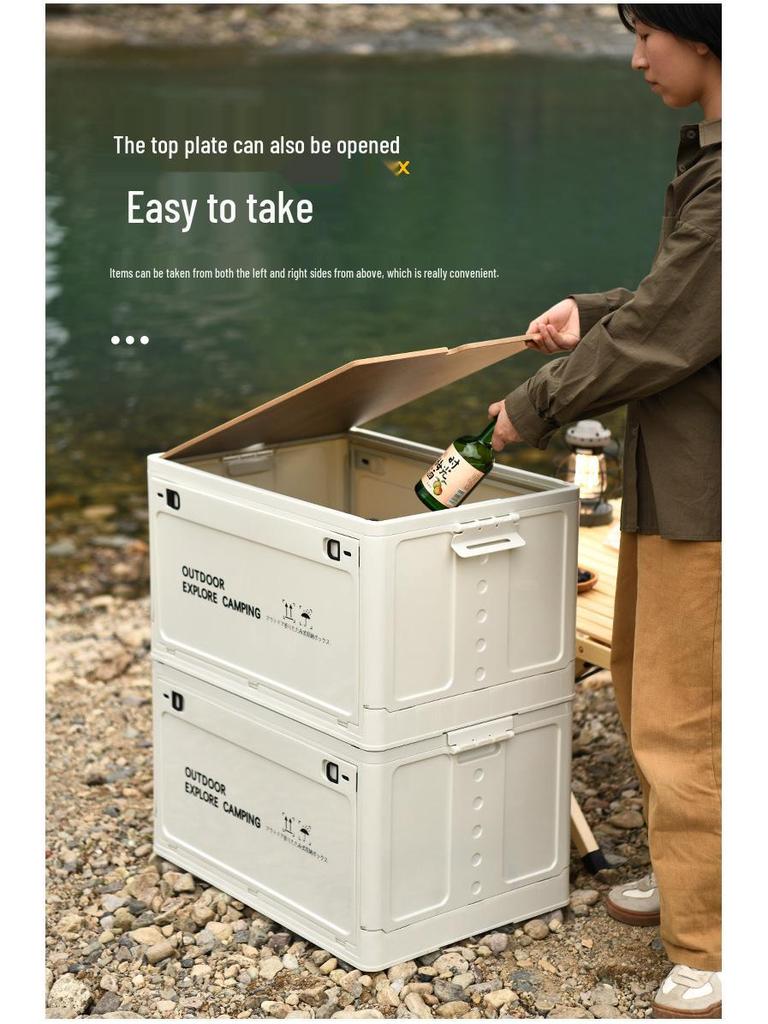 Portable Wheeled Camping Storage Box with Wooden Lid and Side-Opening Access