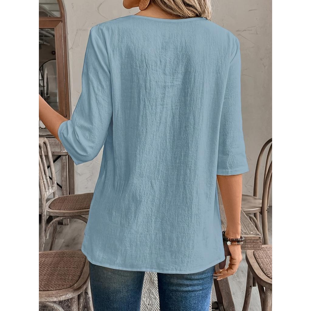 Ladies' Detail V-neck Patch Splicing Design Solid Color Shirt