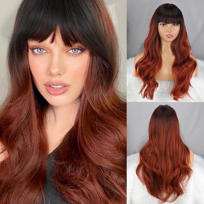 Ombre Black Brown Color Long Wavy Wig Synthetic Fiber Long Wavy Brown Wig with Bangs for Women
