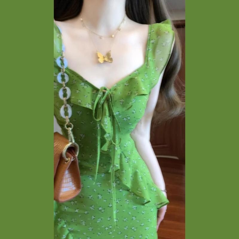 French lotus leaf edge green floral suspender dress children's summer new seaside vacation beach dress