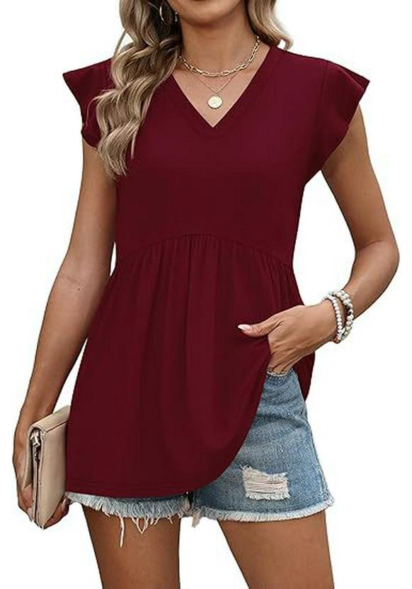 2026 European and American Spring/Summer Women s V-neck Pleated Sleeve Doll Style T-shirt XX-Large