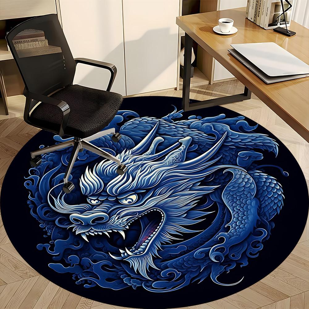 1pc Blue Dragon Design Chair Carpet for Office, Round Non Slip Durable Large Size Office Carpet, Suitable for Office