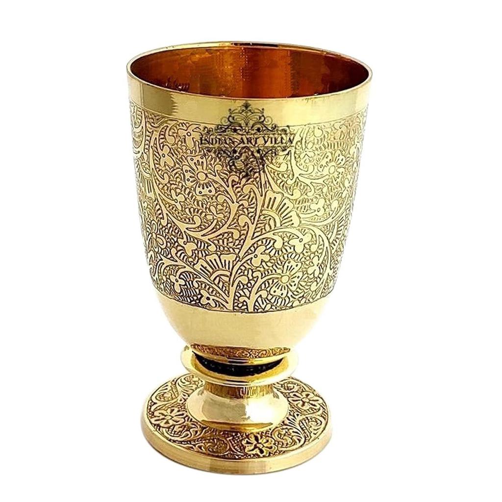 Pure Brass Glass Tumbler with Goblet Design - 350 ml, Embossed, Drinking and Serving Water, Yoga and Ayurveda, 2 Piece