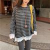 Lace edge splicing gray striped polished long-sleeved t-shirt women's spring lazy style loose inner bottoming shirt top