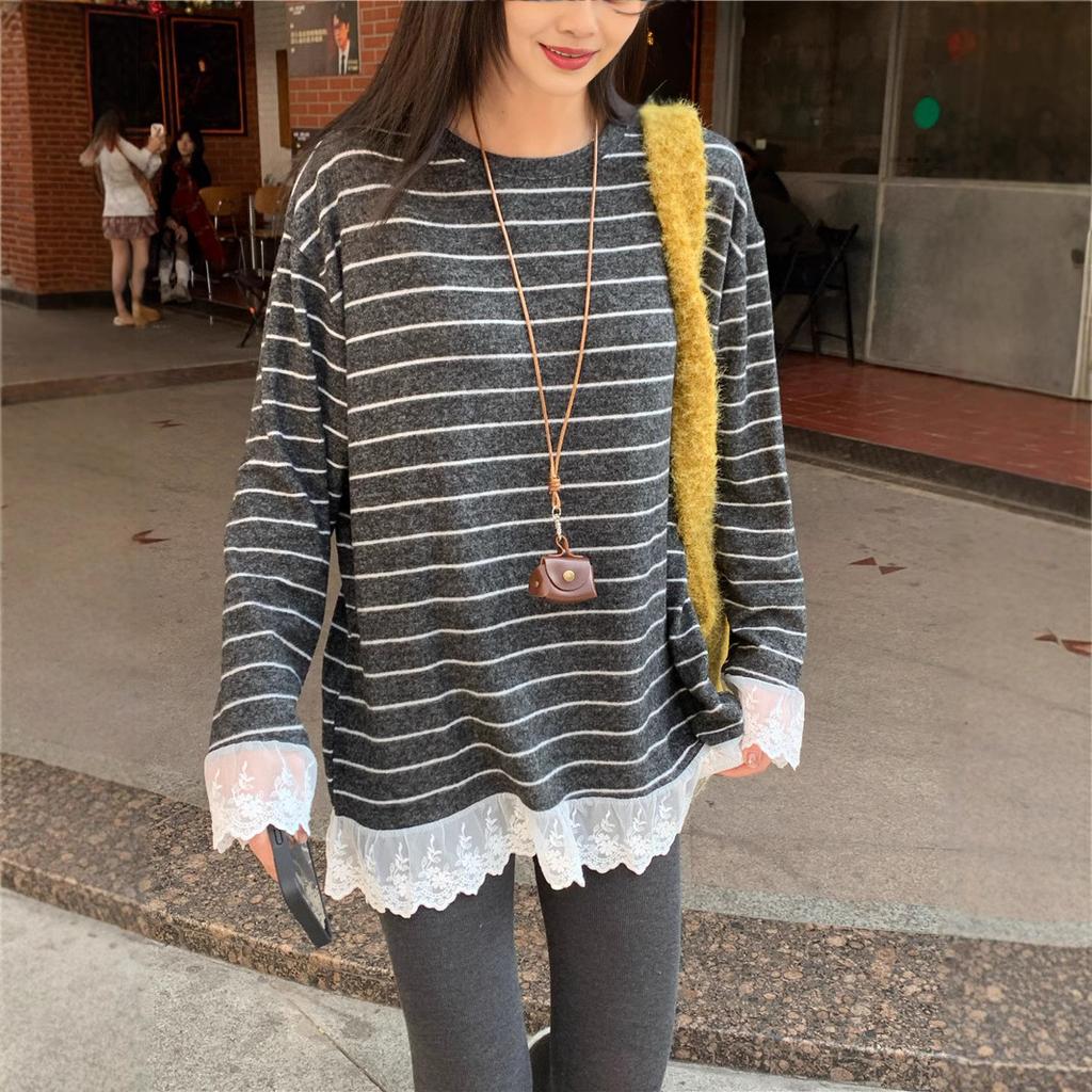 Lace edge splicing gray striped polished long-sleeved t-shirt women's spring lazy style loose inner bottoming shirt top