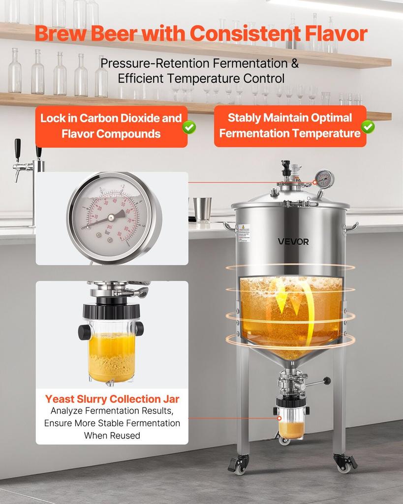 Stainless Steel Conical Fermenter, 16 Gal/60L Home Brewing Fermenation Tank, Brew Bucket Fermentor with Conical Bottom, 3 Caster Wheels, Lid, Handle &