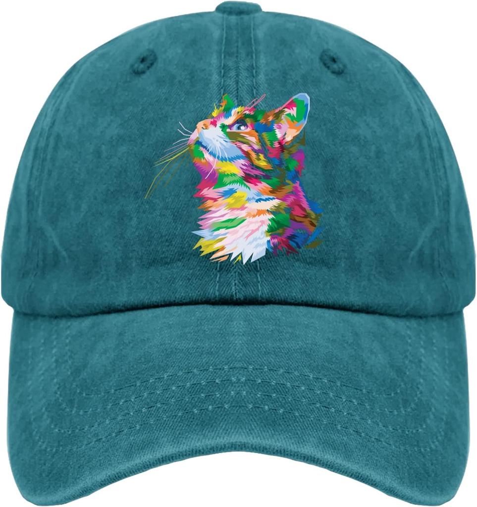 Colorful Pop Art Cat Head Baseball Cap Distressed Denim Adjustable Vintage Dad Hat Casual