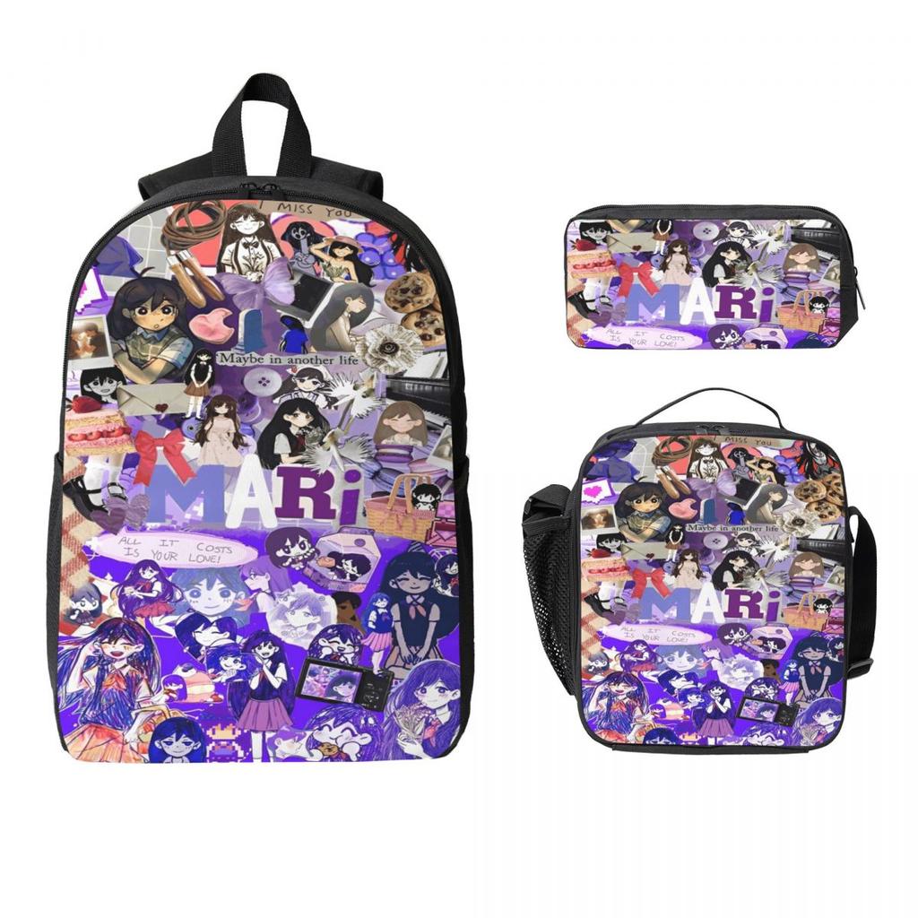 3 Stück Omori Lustige Videospiele Rucksack Set für Kinder Federmäppchen Schultaschen Sets mit Brotdose Für Schulkinder Tagesrucksack