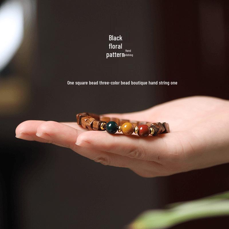 Tricolor Black Pear Sandalwood Cube Bead Bracelet with Ethnic Style