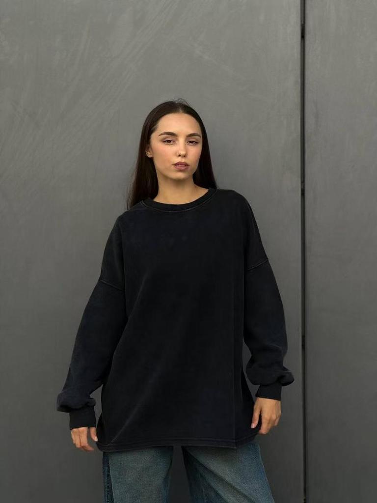 American Retro Washed Black Rhinestone Letter T-shirt - Spring/Autumn, Long Sleeve, Ribbed Cuffs, Loose Fit
