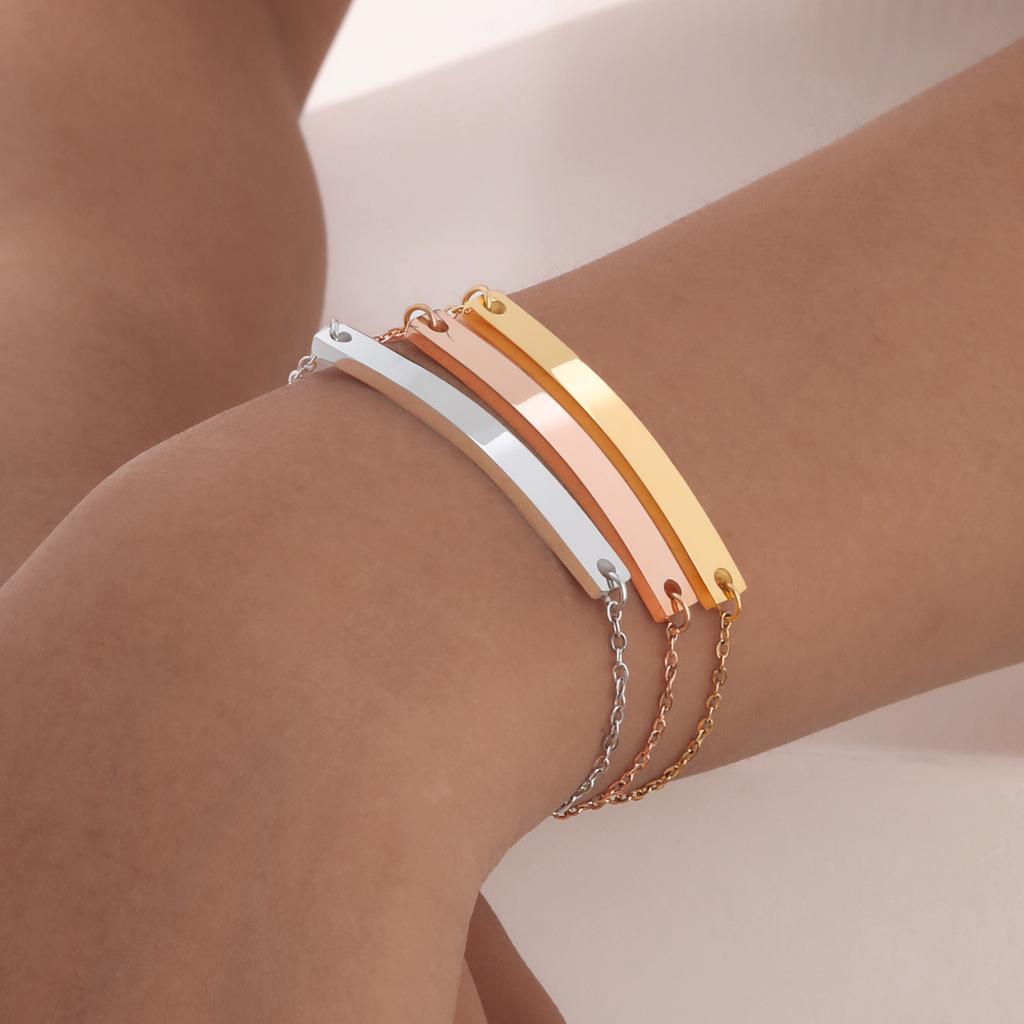 Vnox Dainty Free Custom Women Bracelets,Simple Engrave Name Date Stainlss Steel Bar, Adjustable O Cable Chain,Chic Fashion Gift