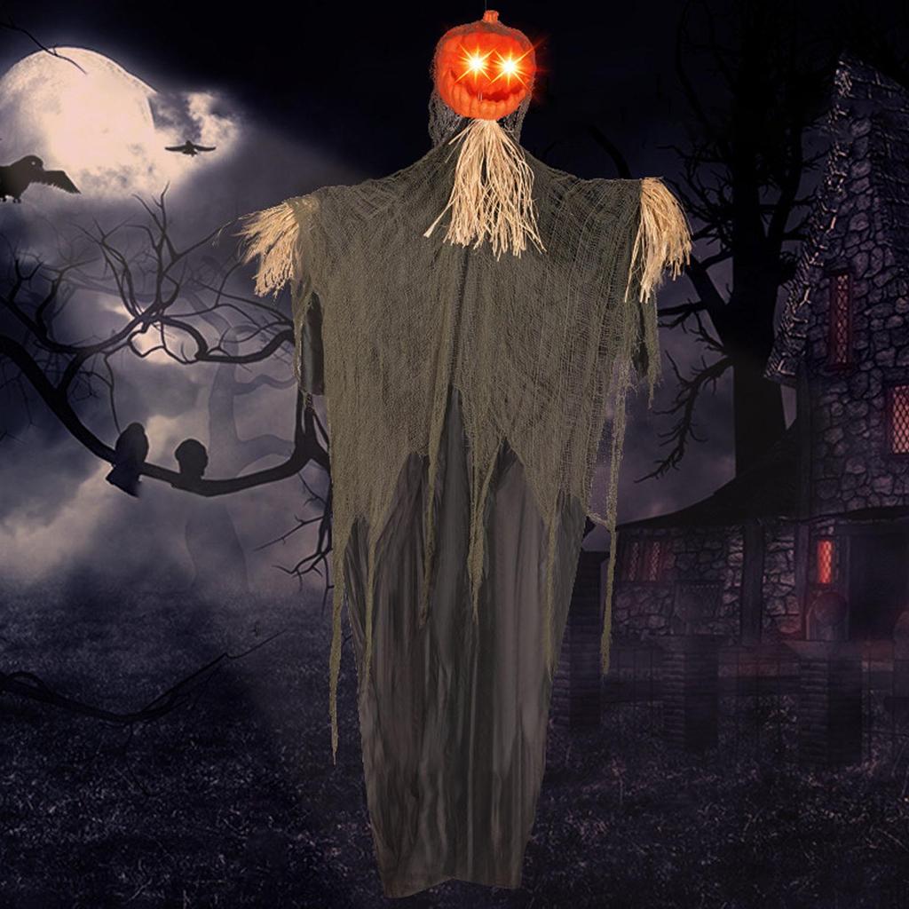 Horror Pumpkin Skull Hanging Ghost Decoration with Voice Control and Eerie Red Eyes Enhance the Spooky Atmosphere of Your Halloween Party