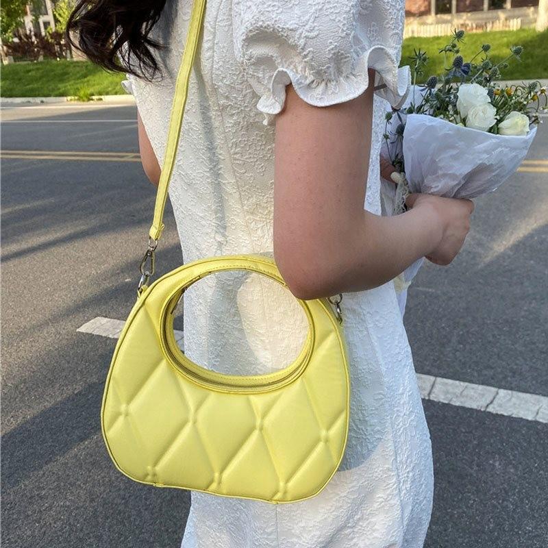 Unisex Stylish Quilted Crescent Handbag For Women In Soft Texture Available In Black White Pink Khaki Yellow
