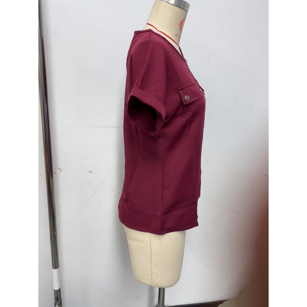 Pullover Shirt Sommer Damen Oberteile O-Ausschnitt Reißverschluss Patchwork Knopf Falsche Taschen Dekoration Oberteile Einfarbig Kurzarm Damenbekleidung