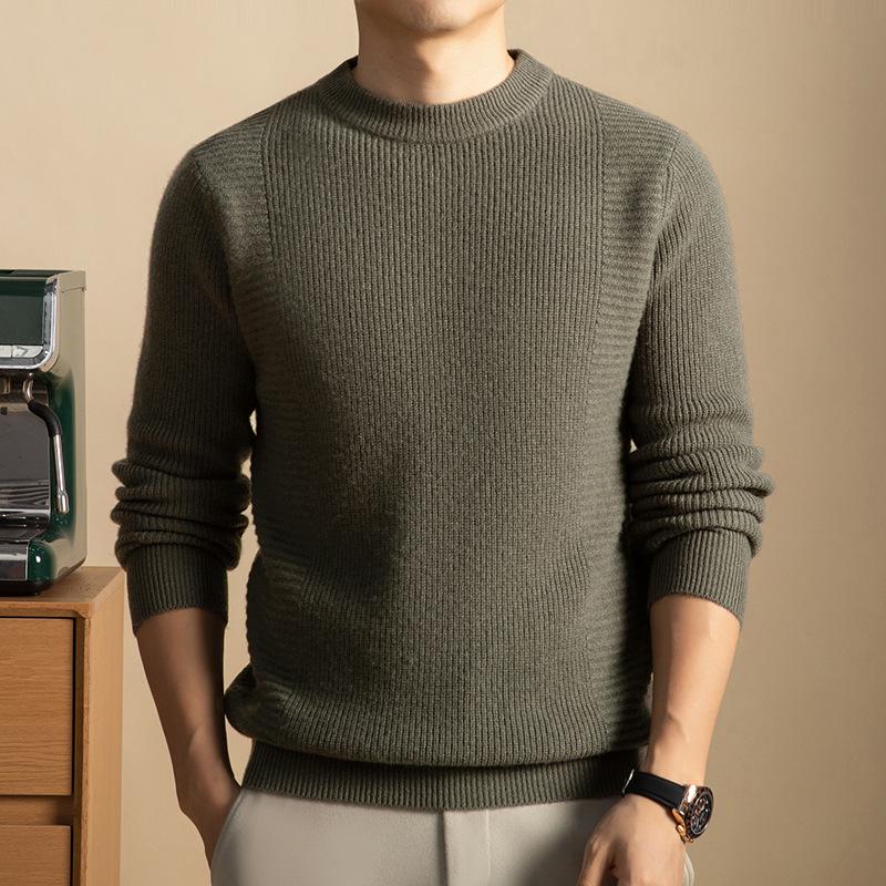 Herrenpullover aus 100 % reiner Wolle, dick gestrickt, Rundhalsausschnitt – warm, weich, bequeme Winter-Basisschicht (2025)
