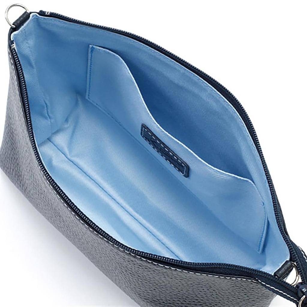 Kitamura RH0565 Shrink Leather 2-Way Pouch, Dark Blue with White Stitching, Navy Blue, 10901