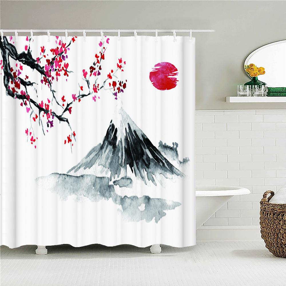 Japonské mořské vlny Koi Sprej Látka Sprchový závěs Koupelnové závěsy Květy švestek Krajina s horou Fudži Zástěna do koupelny Háčky Polyester Perfektní pro