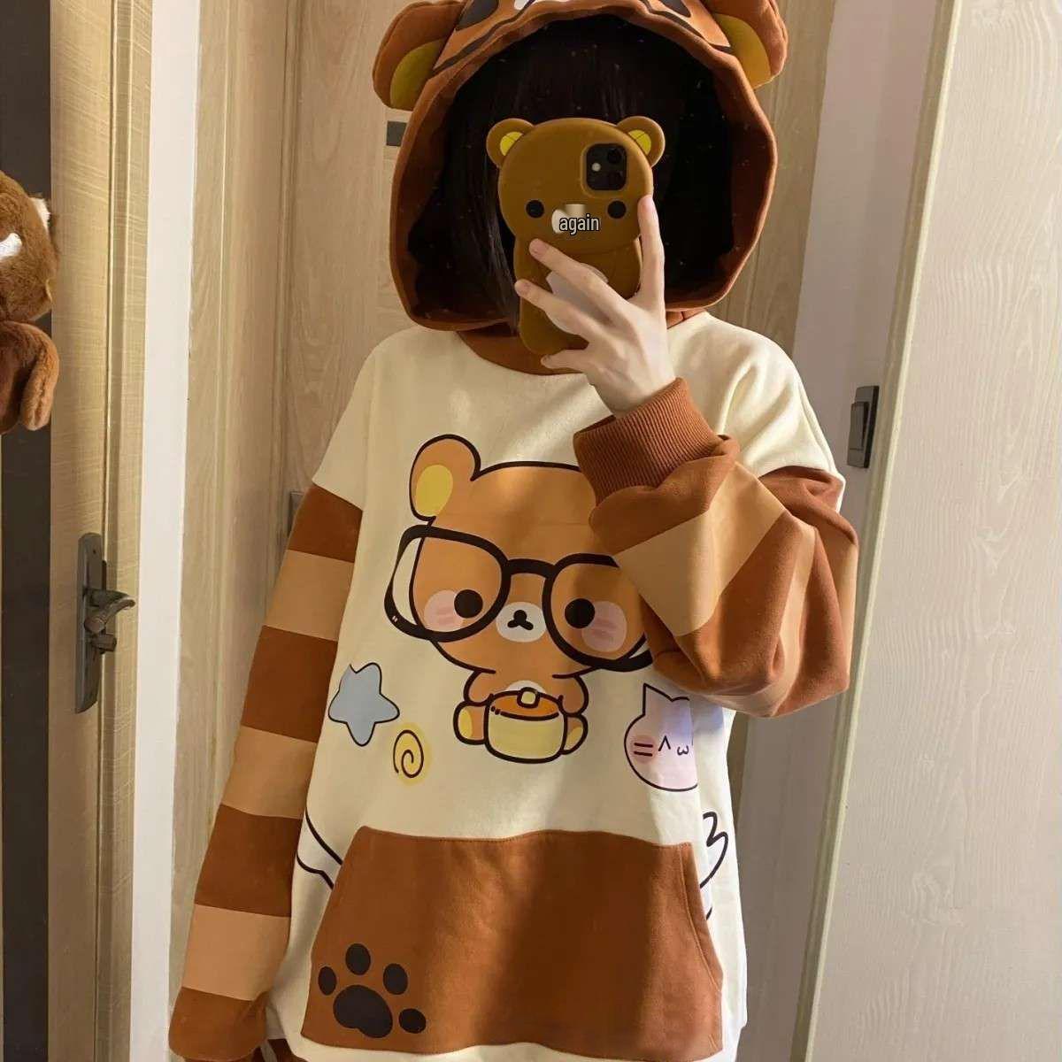 

Кавайная толстовка на флисе - Стиль Soft Girl Otaku с дизайном очков Rilakkuma Small